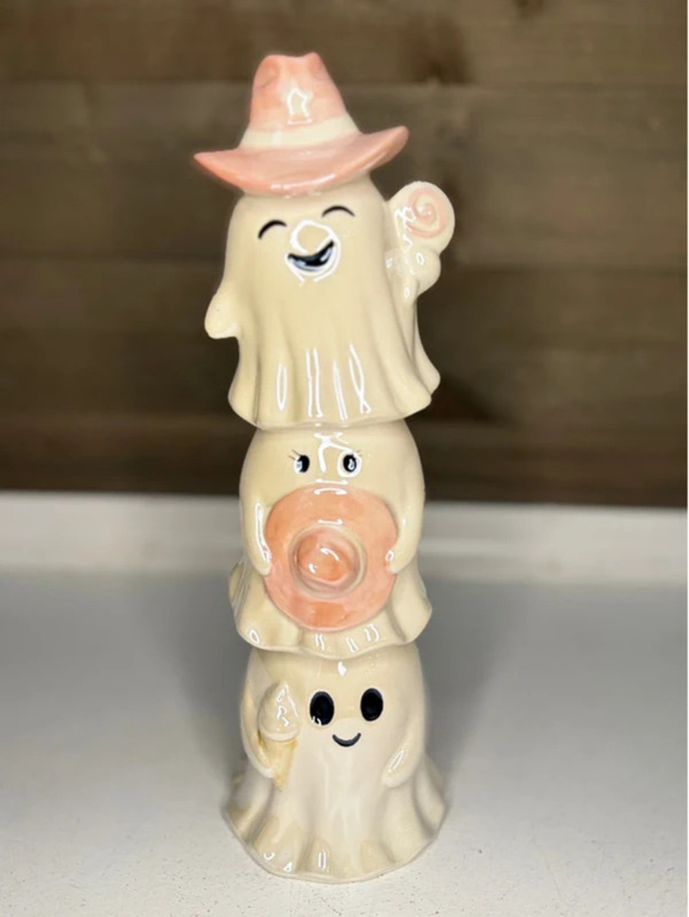 Halloween Ceramic Stacked Cowboy Ghosts 14.5" - Pink Hat - Cute Spooky Decor